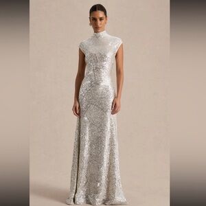 Cecy Silver Sequin High-Neck Maxi Dress
With Cap Sleeves - Club London size 6
